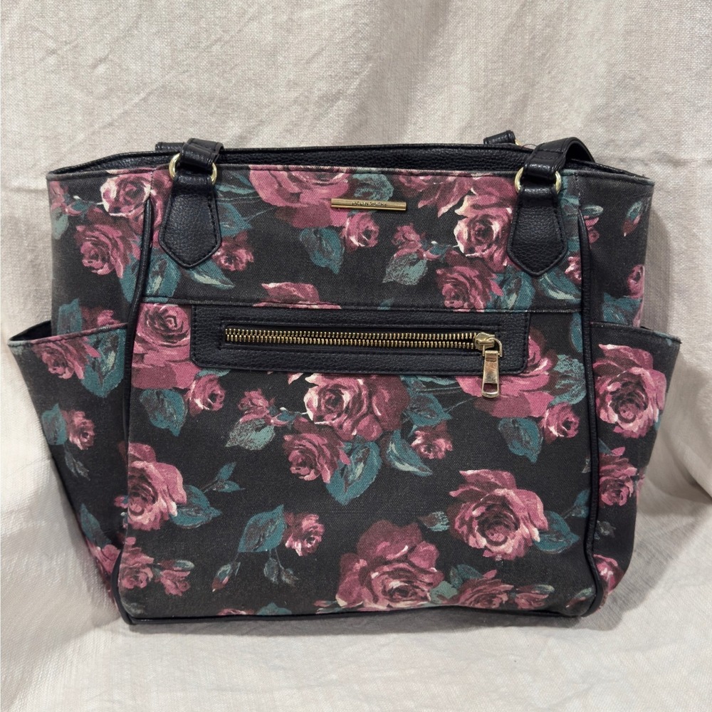 Jaclyn Smith Floral Rose Tote Bag Black Pink Teal Gold Hardware Multi-Pocket